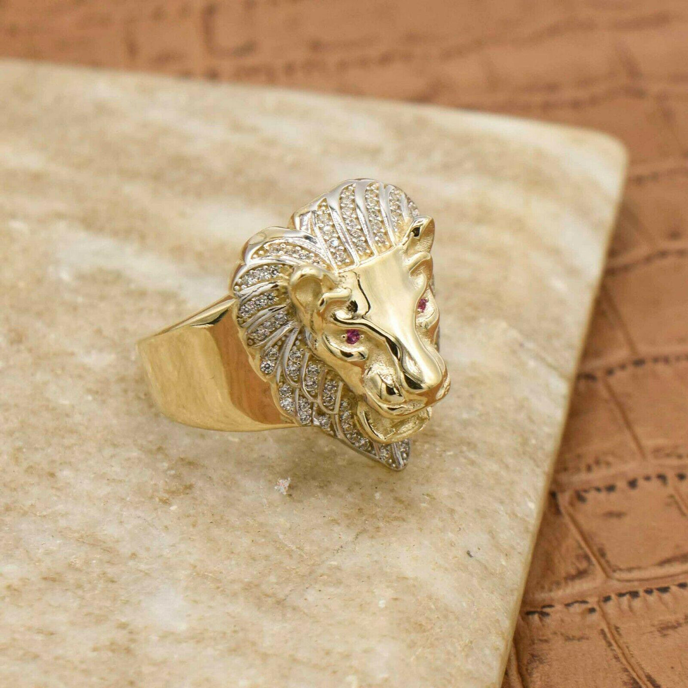 Textured CZ Lion with Ruby Eyes Ring Solid 10K Yellow Gold - bayamjewelry