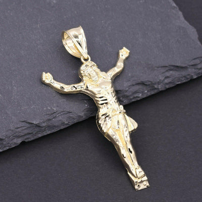 Textured Jesus Crucifix Pendant Charm Solid 10K Yellow Gold - bayamjewelry