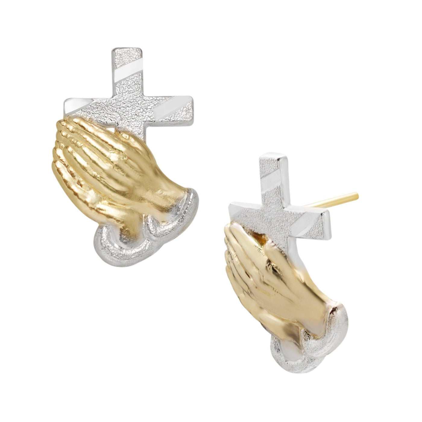 Textured Praying Hands with Cross Stud Earrings Solid 10K Yellow Gold - bayamjewelry