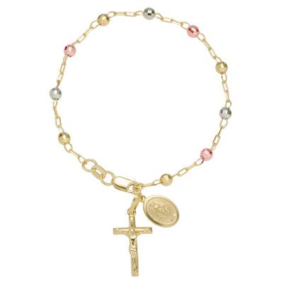 Textured Rosary Cross Virgin Mary Anklet 10K Tri-Color Gold - bayamjewelry