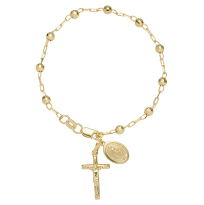 Textured Rosary Cross Virgin Mary Bracelet 10K Yellow Gold 7" - bayamjewelry
