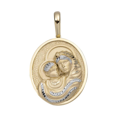 Textured Virgin Mary and Baby Jesus Medallion Pendant 14K Yellow Gold - bayamjewelry