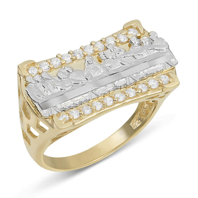 Two-Tone Rectangle Textured CZ Last Supper Open Sides Ring Solid 10K Yellow Gold - bayamjewelry