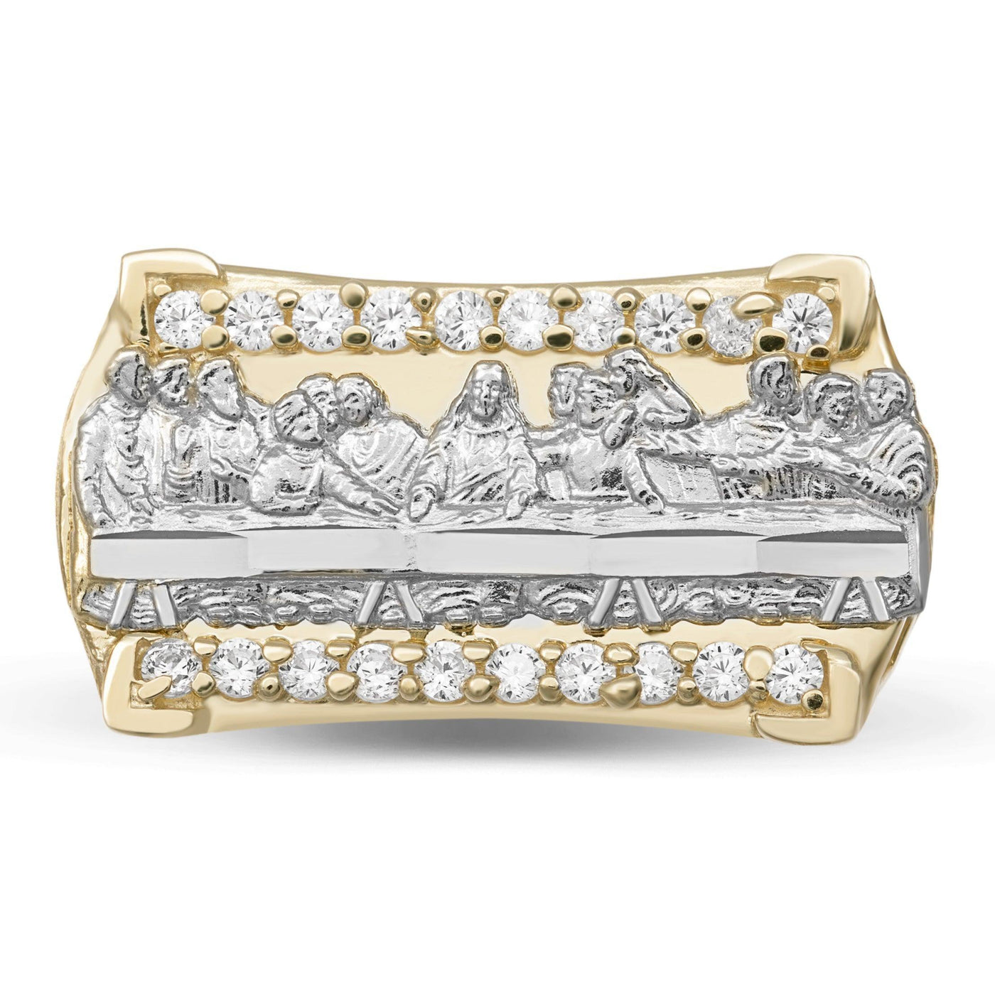 Two-Tone Rectangle Textured CZ Last Supper Open Sides Ring Solid 10K Yellow Gold - bayamjewelry