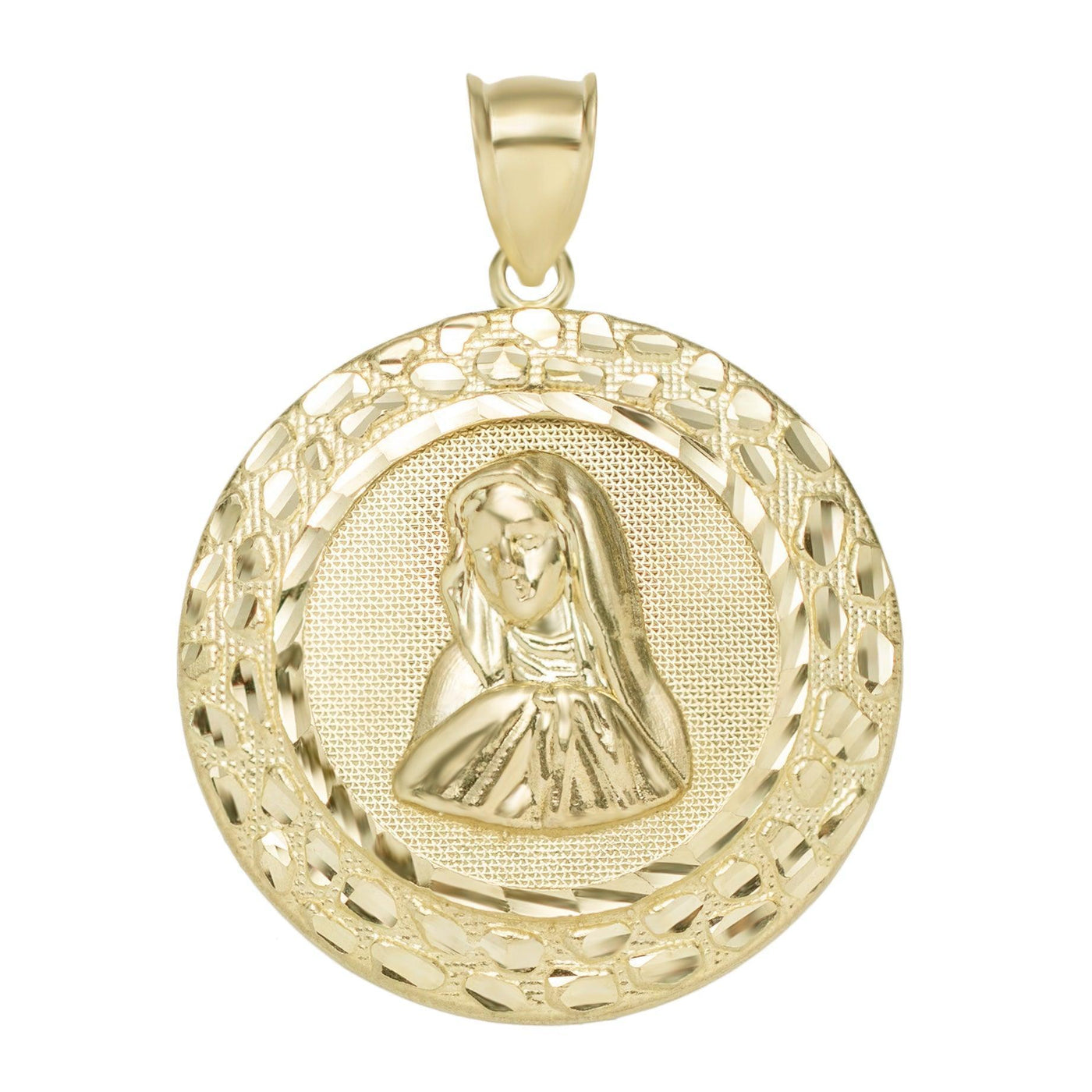 Virgin Mary Nugget Medallion Pendant Solid 10K Yellow Gold - bayamjewelry