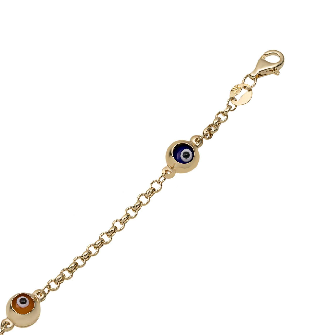 Women's Colorful Evil Eye Station Rolo Chain Bracelet 14K Yellow Gold - bayamjewelry