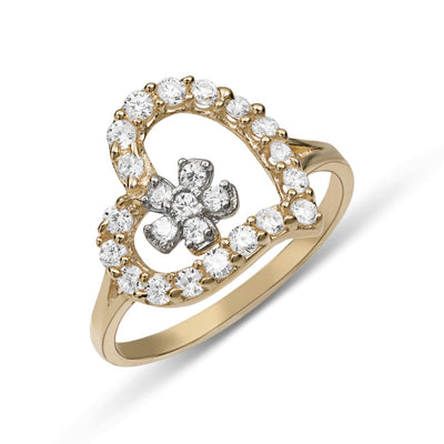 Women's CZ Flower & Heart Ring 10K Yellow Gold - bayamjewelry