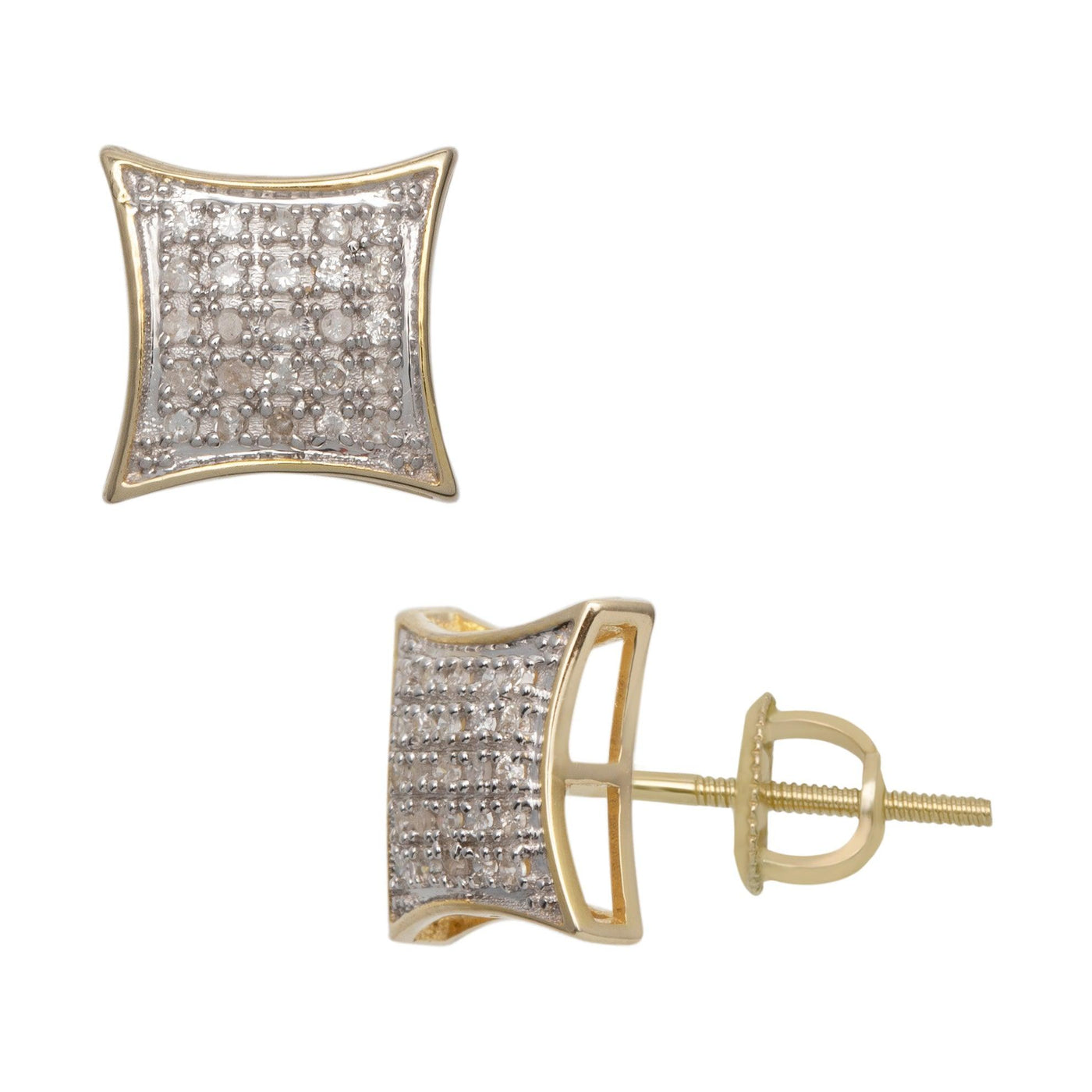 Women's Framed Micro-Pavé Cushion Concave Square Diamond Stud Earrings 0.21ct 10K Yellow Gold - bayamjewelry
