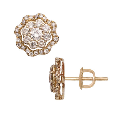 Women's Halo Flower Cluster Diamond Stud Earrings 1.02ct 14K Yellow Gold - bayamjewelry