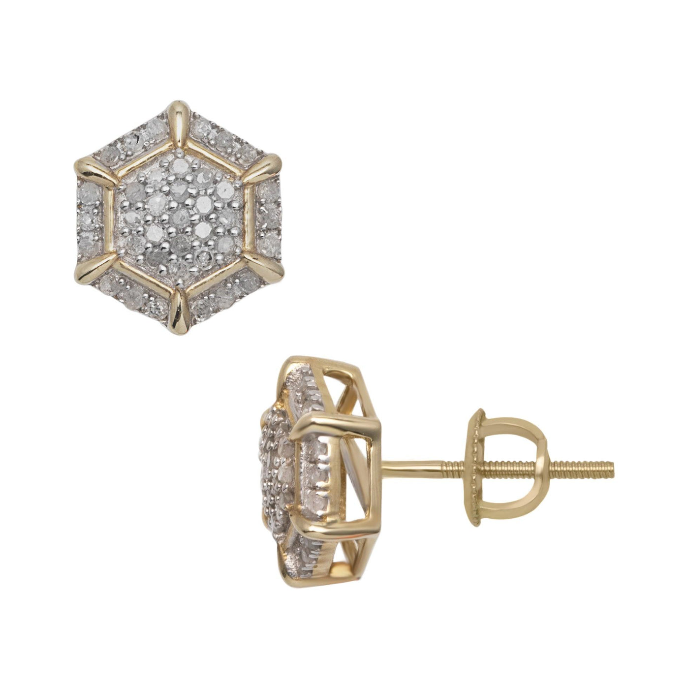 Women's Halo Micro-Pavé Hexagonal Diamond Stud Earrings 0.33ct 10K Yellow Gold - bayamjewelry