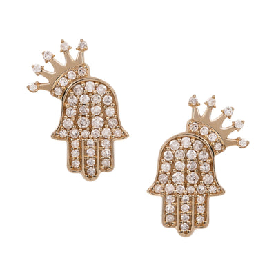 Women's Hamsa Crown Diamond Stud Earrings 0.61ct 14K Yellow Gold - bayamjewelry