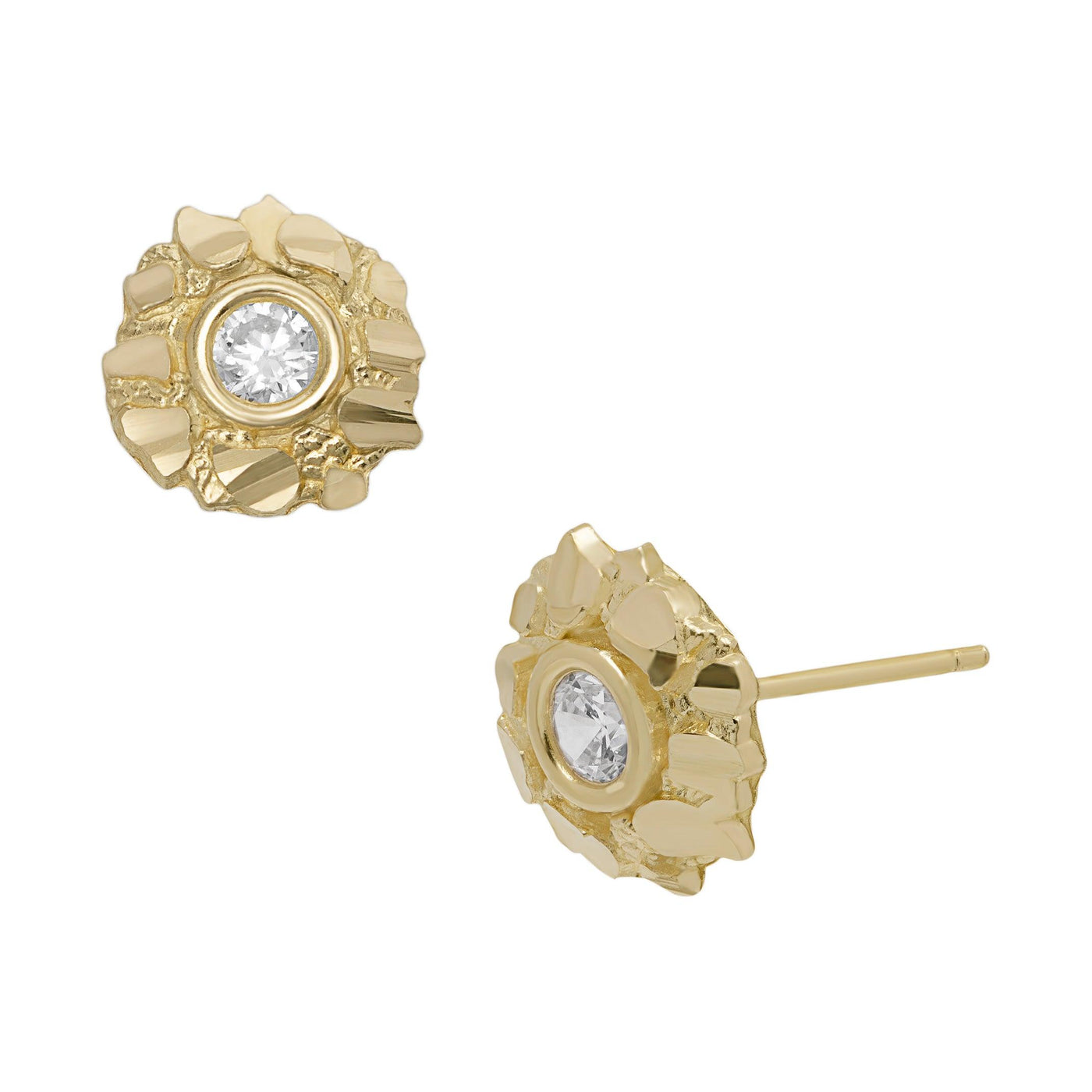 Women's Medium Bezel CZ Nugget Stud Earrings Solid 10K Yellow Gold - bayamjewelry