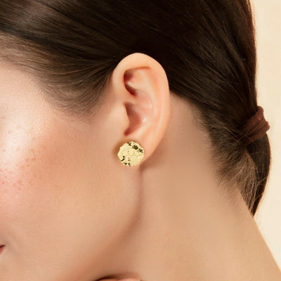 Women's Medium Round Textured Nugget Stud Earrings Solid 10K Yellow Gold - bayamjewelry