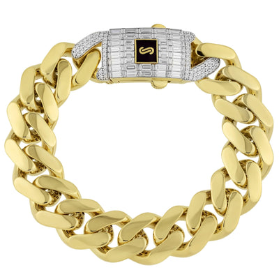 Women's Monaco Miami Cuban Link Chain Bracelet Baguette Lock 10K Yellow Gold - Hollow - bayamjewelry