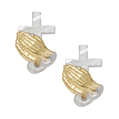 Women's Praying Hands with Cross Stud Earrings Solid 10K Yellow Gold - bayamjewelry