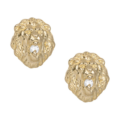 Women's Roaring Lion Head CZ Stud Earrings Solid 10K Yellow Gold - bayamjewelry