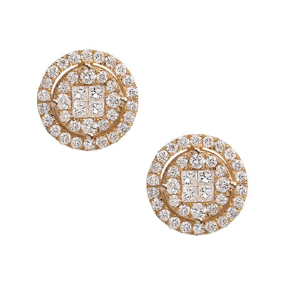 Women's Round Cluster Square Diamond Stud Earrings 1.35ct 14K Yellow Gold - bayamjewelry