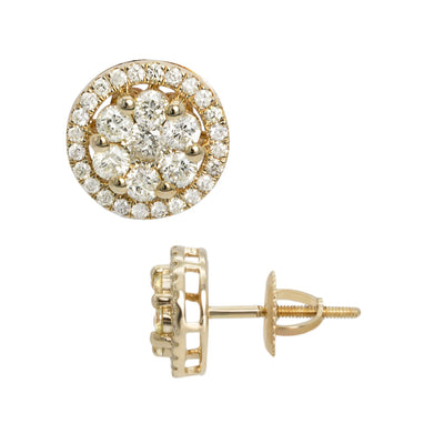 Women's Round Frame Flower Cluster Diamond Stud Earrings 1.15ct 10K Yellow Gold - bayamjewelry