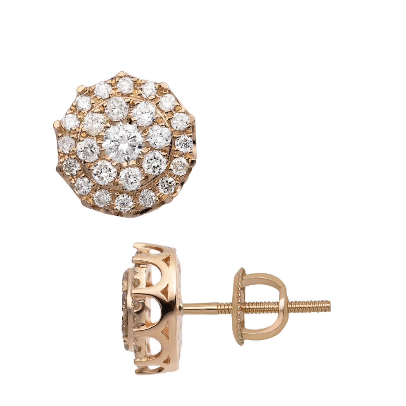 Women's Round Halo Cluster Diamond Stud Earrings 0.89ct 14K Yellow Gold - bayamjewelry