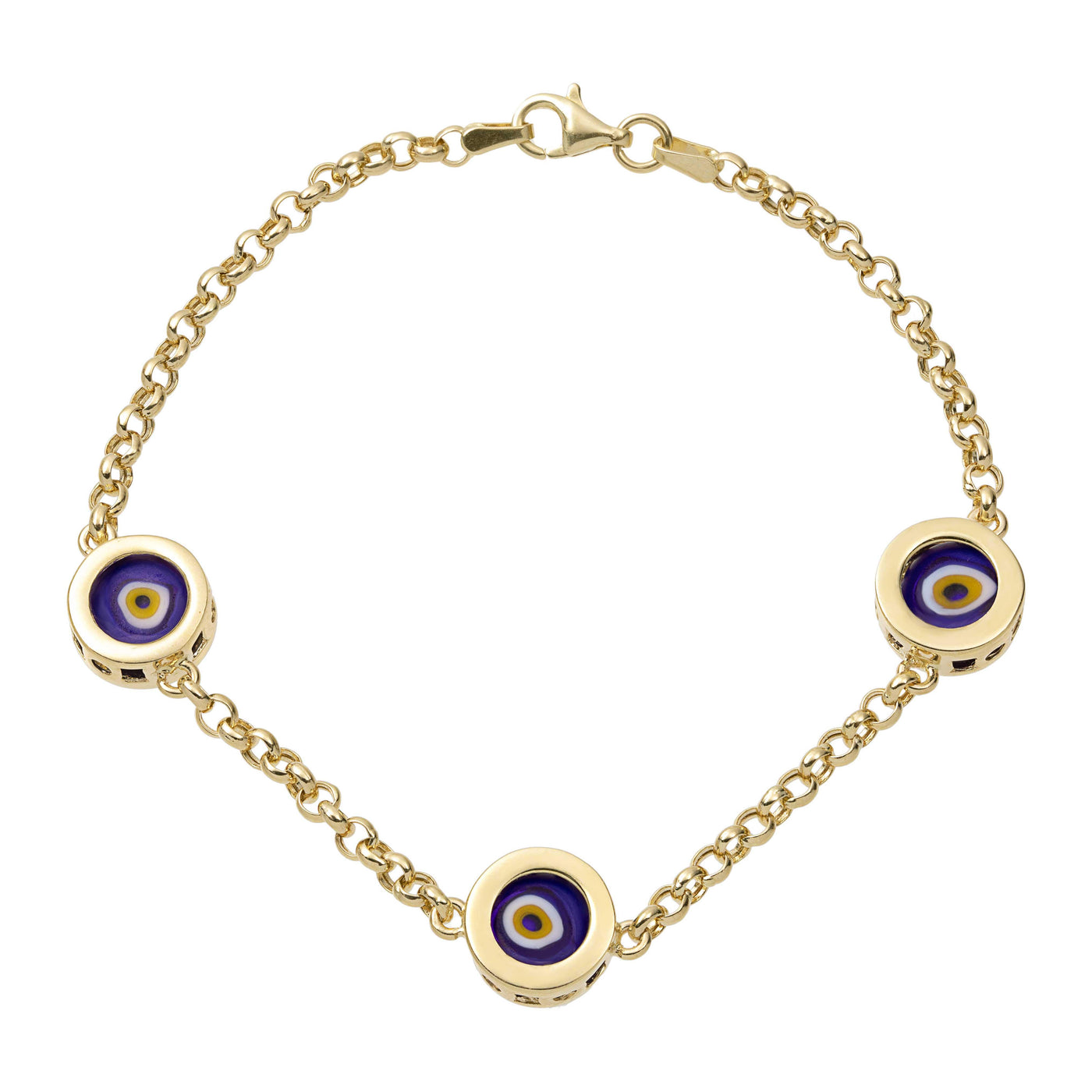 Women's Station Evil Eye Rolo Chain Bracelet 14K Yellow Gold - bayamjewelry
