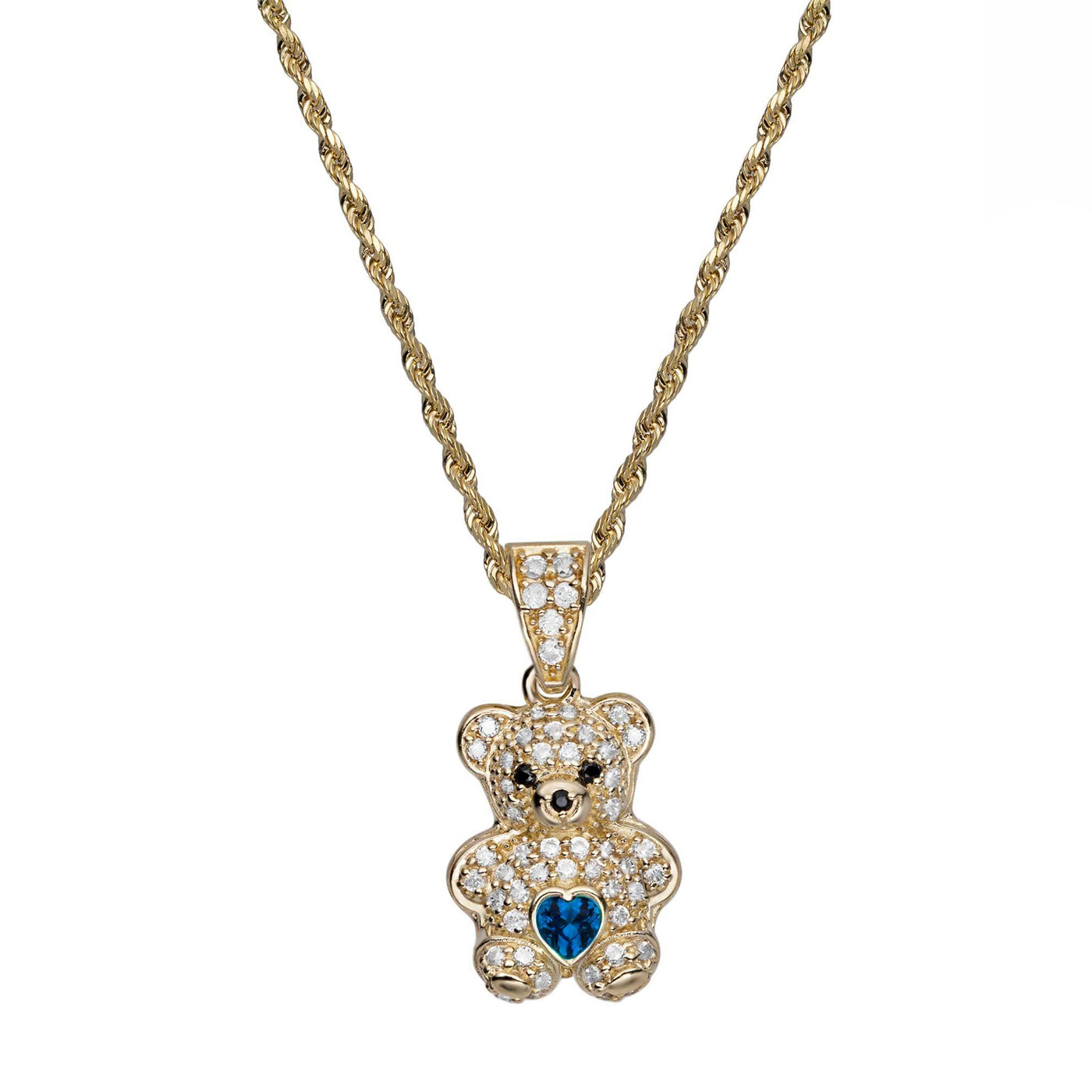 1" CZ Teddy Bear Heart Pendant Necklace 14K Yellow Gold
