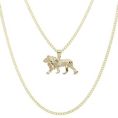 1" Diamond Cut Lion Pendant & Chain Necklace Set 10K Yellow Gold