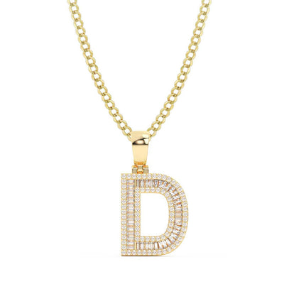 Women's Baguette & Round Cut Diamond "D" Initial Pendant Necklace 0.65ct 14K Gold
