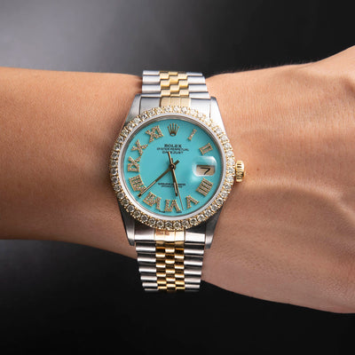 Rolex Datejust Diamond Bezel Watch 36mm Turquoise Roman Dial | 2.25ct