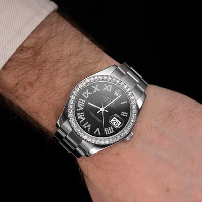 Rolex Datejust Diamond Bezel Watch 41mm Black Roman Dial | 3.15ct