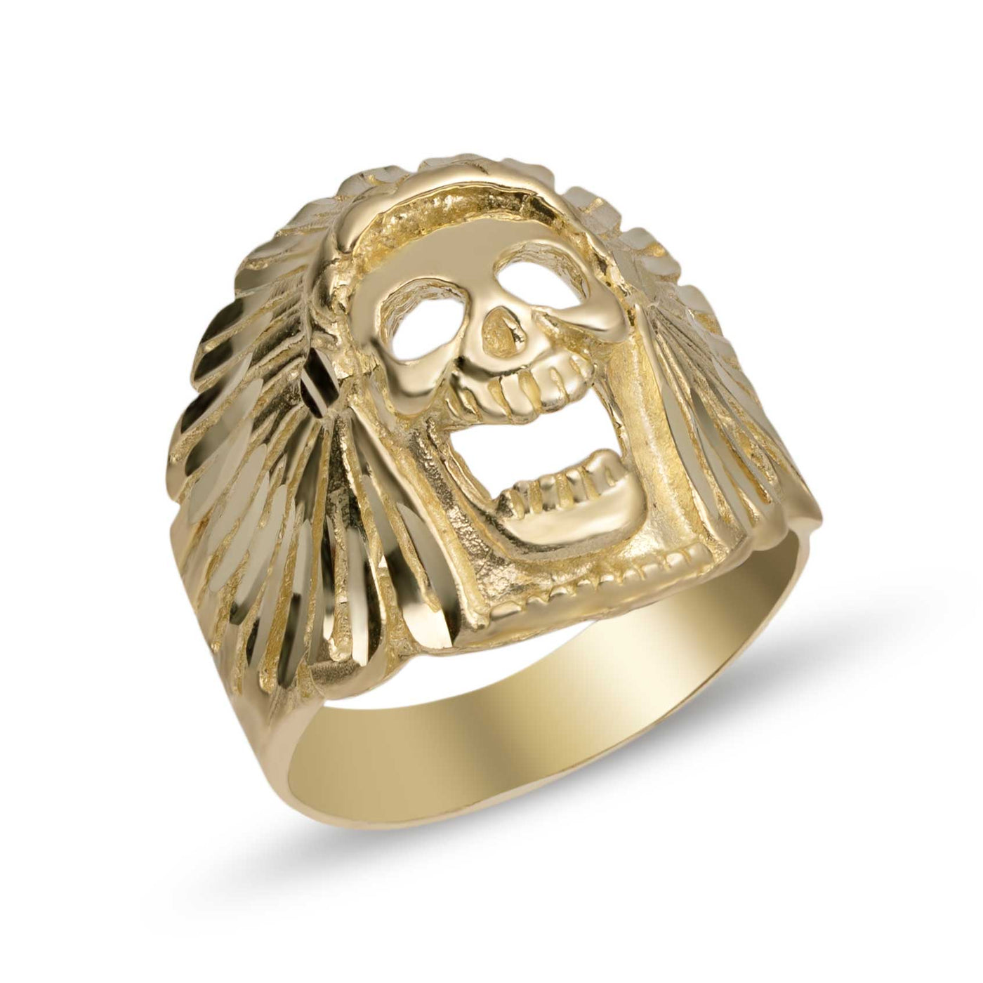 Diamond-Cut Chief Skull Ring 10K Gold