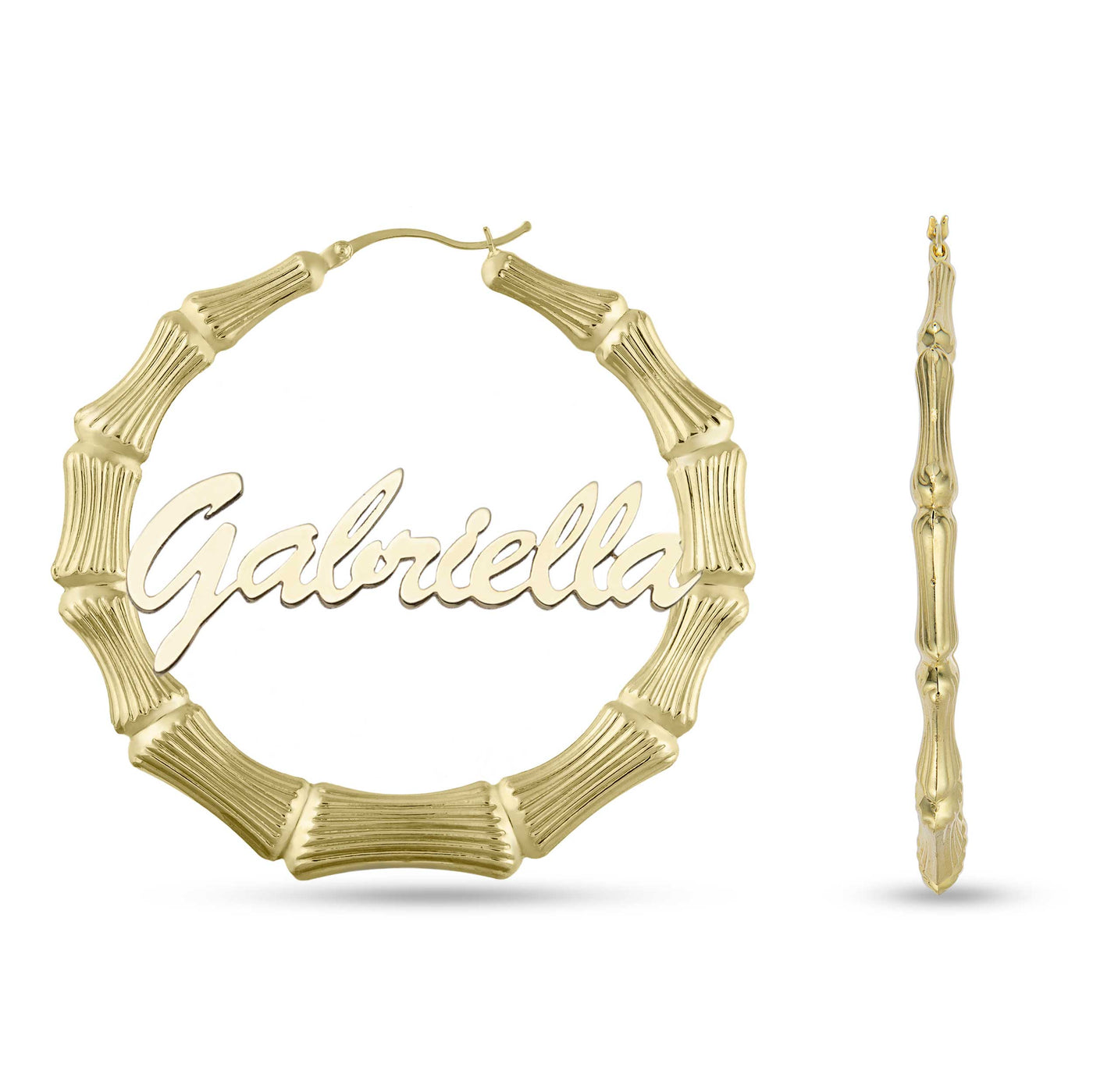 Ladies Script Name Plate Bamboo Hoop Earrings 14K Gold - Style 1