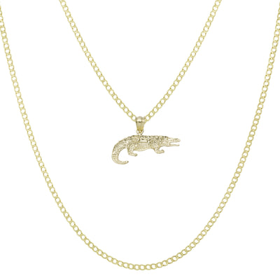 3/4" Diamond Cut Crocodile Pendant & Chain Necklace Set 10K Yellow Gold
