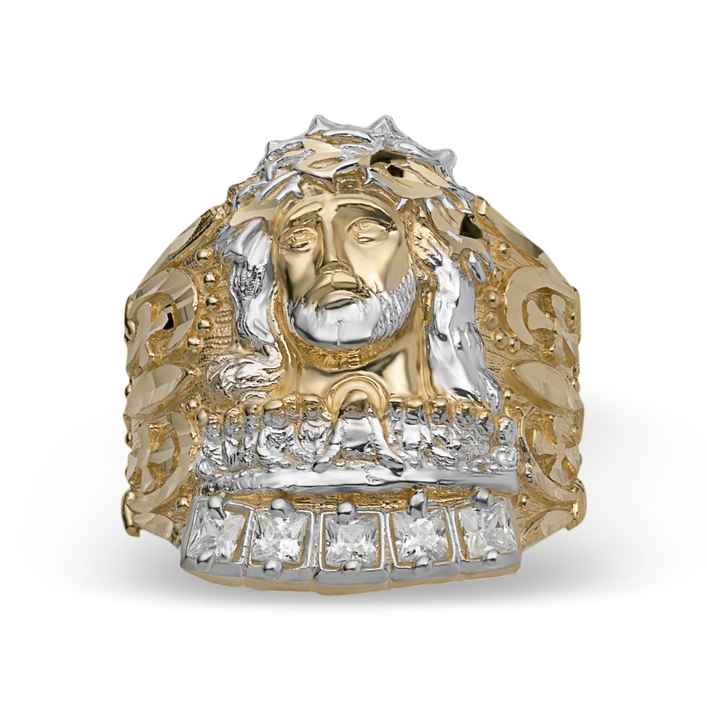 Large Men's Jesus Head Last Supper CZ Ring Solid 10K Yellow Gold