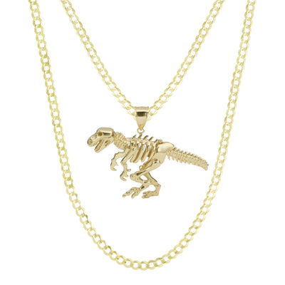 1 3/4" T-Rex Dinosaur Pendant & Chain Necklace Set 10K Yellow Gold