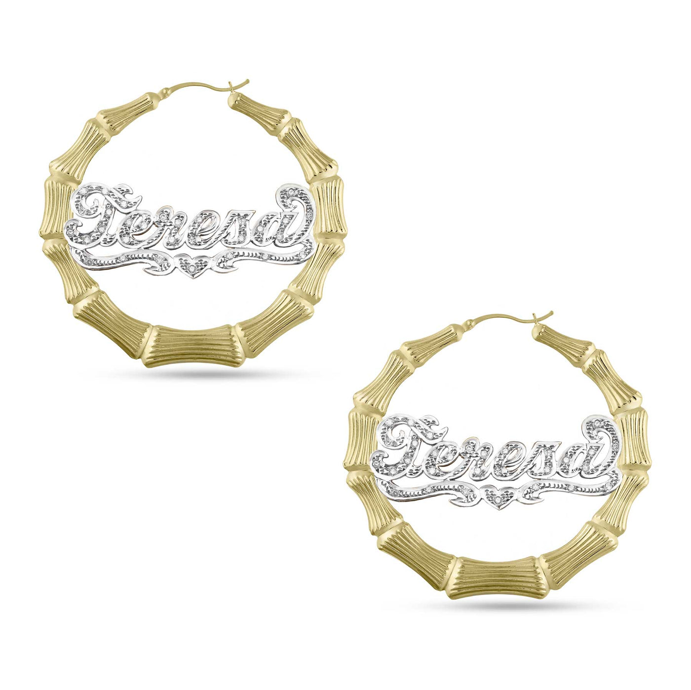 Ladies Diamond Script Name Plate Bamboo Hoop Earrings 14K Gold - Style 89