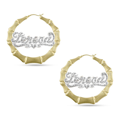 Ladies Diamond Script Name Plate Bamboo Hoop Earrings 14K Gold - Style 89