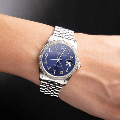 Rolex Datejust Diamond Bezel Watch 36mm Bright Blue Arabic Dial | 1.25ct