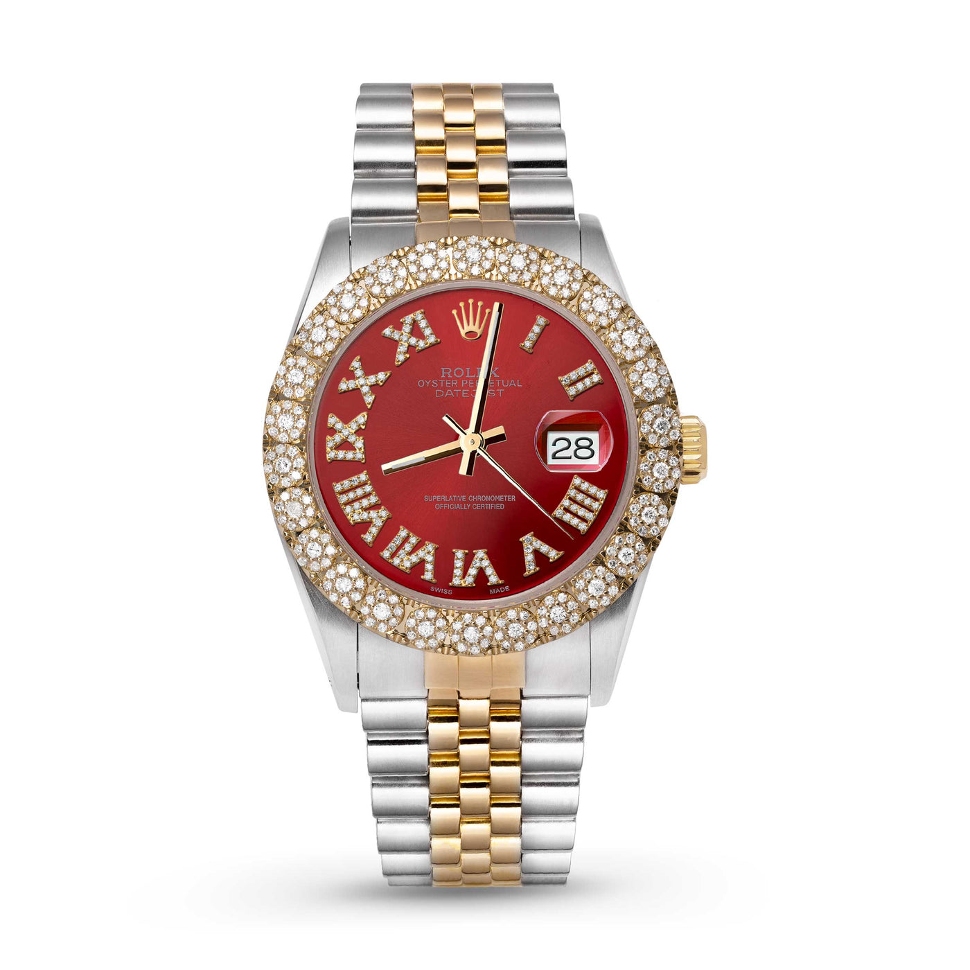 Rolex Datejust Diamond Bezel Watch 36mm Red Roman Numeral Dial | 2.25ct