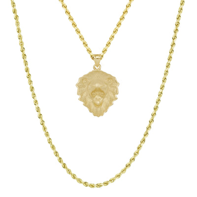 1 1/2" Textured Roaring Lion with CZ Eyes Pendant & Chain Necklace Set 10K Yellow Gold