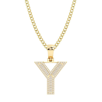 Baguette & Round Cut Diamond "Y" Initial Pendant Necklace 0.38ct 14K Gold
