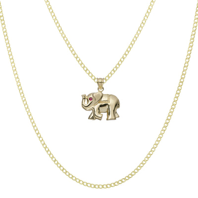7/8" Elephant with Ruby CZ Eyes Pendant Necklace 10K Yellow Gold