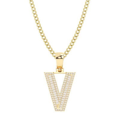 Baguette & Round Cut Diamond "V" Initial Pendant Necklace 0.53ct 14K Gold