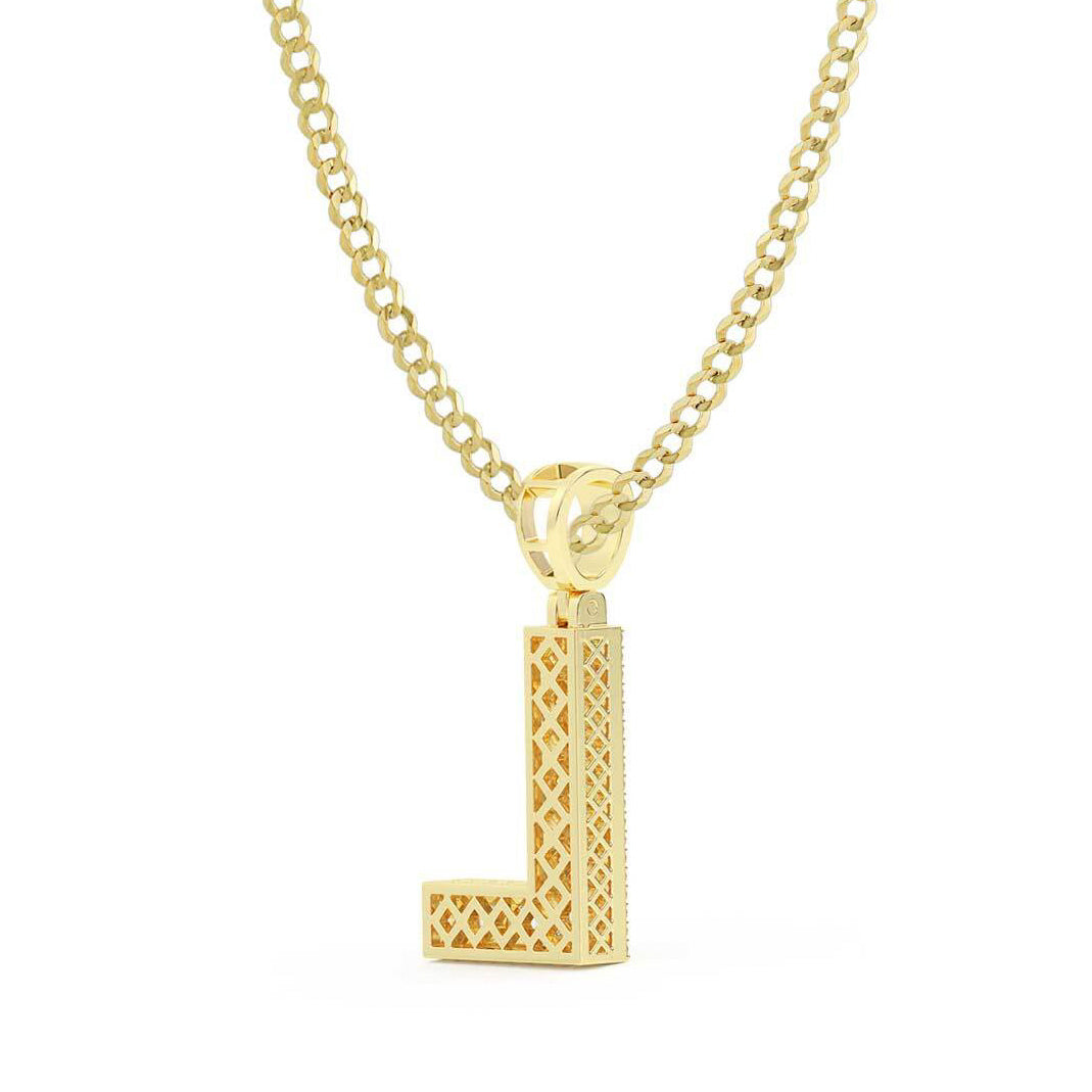 Baguette & Round Cut Diamond "L" Initial Pendant Necklace 0.35ct 14K Gold