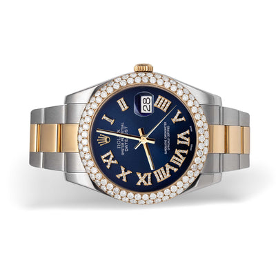 Rolex Datejust Diamond Bezel Oyster Watch 41mm Bright Blue Roman Dial | 5.25ct