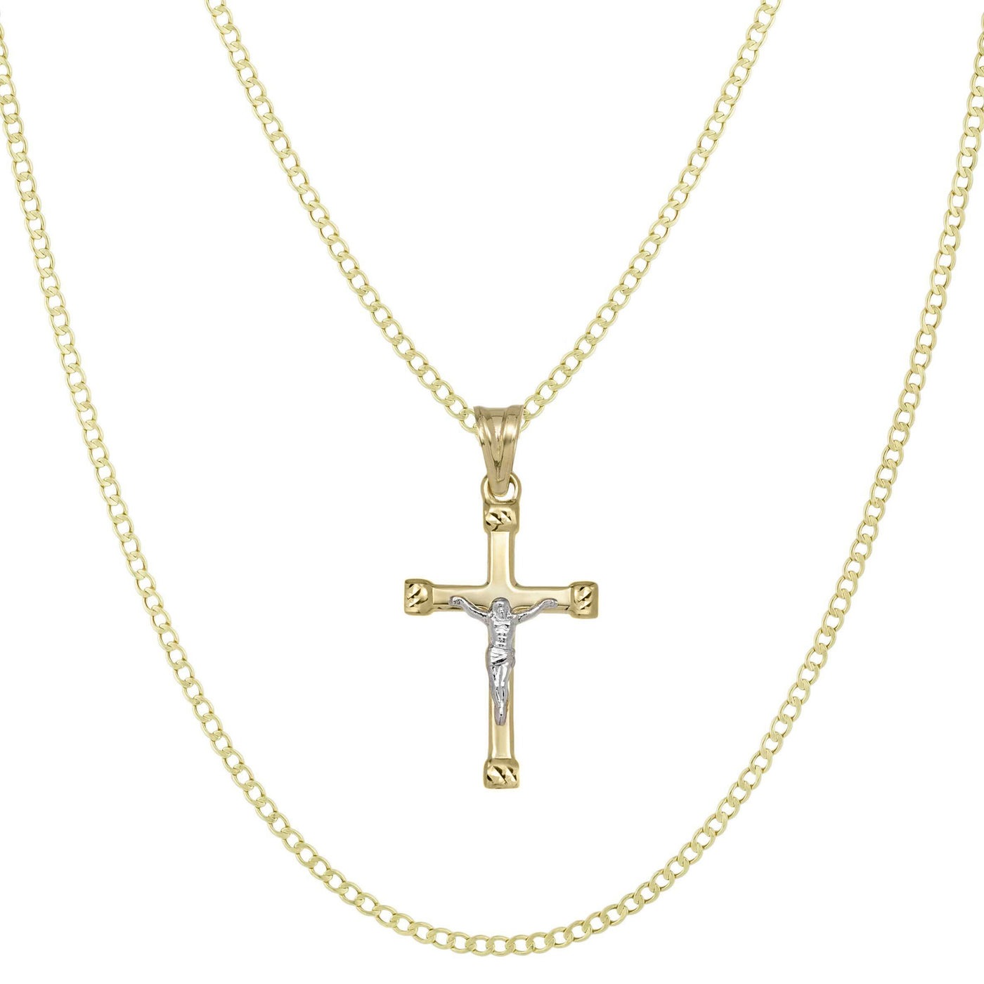 1 3/8" Jesus Crucifix Cross Pendant & Chain Necklace Set 10K Yellow White Gold