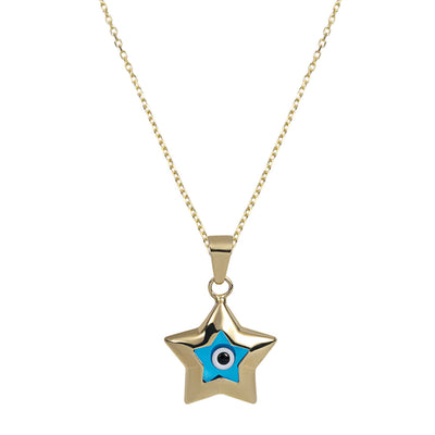 3/4" Star-Shape Evil Eye Pendant Necklace 14K Yellow Gold