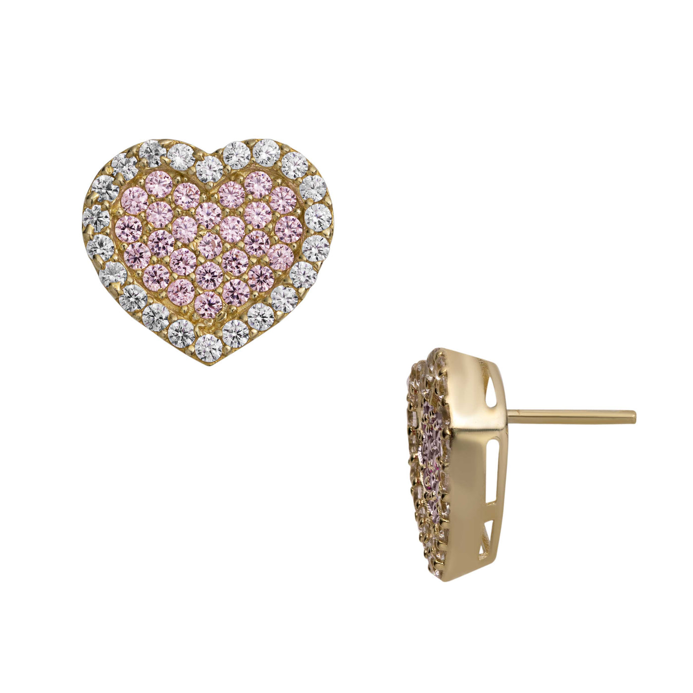Women's CZ Pink Heart Stud Earrings 10K Yellow Gold