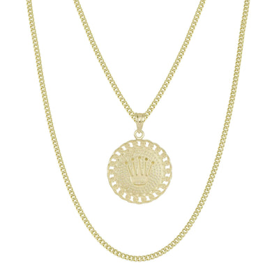 1 1/2" Curb Bordered CZ Crown Medallion Pendant & Chain Necklace Set 10K Yellow Gold
