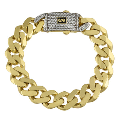 Women's Monaco Miami Cuban Link Chain CZ Lock Bracelet 14K Yellow Gold - Hollow