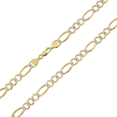 Two-Tone Pave Figaro Link Chain Necklace 14K Yellow White Gold - Solid
